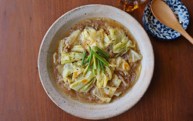 楠さん家の 春キャベツと豚ひき肉のサンラータン風炒め